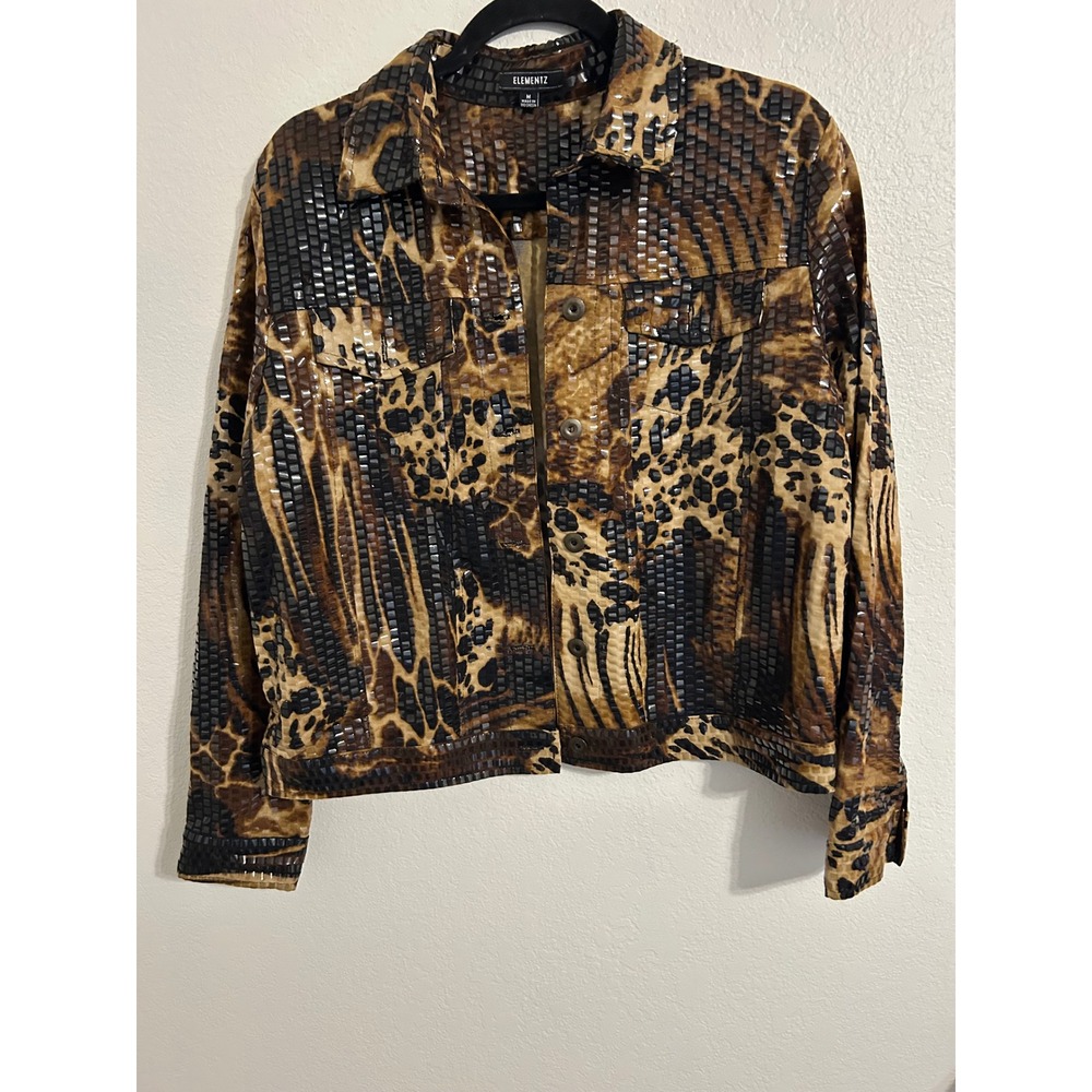 Elementz Womens Animal Print Studded Trucker Jacket Brown Black Leopard Medium